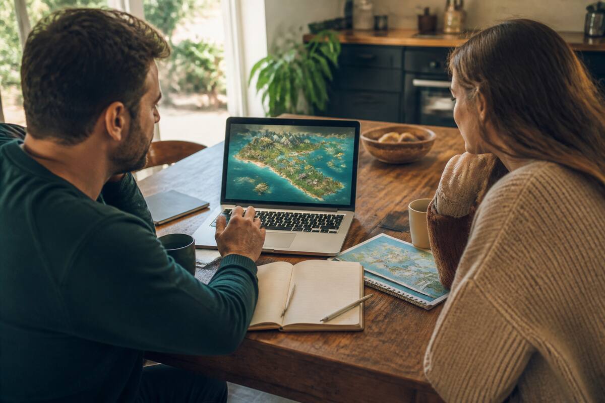 Koppel dat met laptop en reisnotities vakanties vergelijkt aan een houten keukentafel