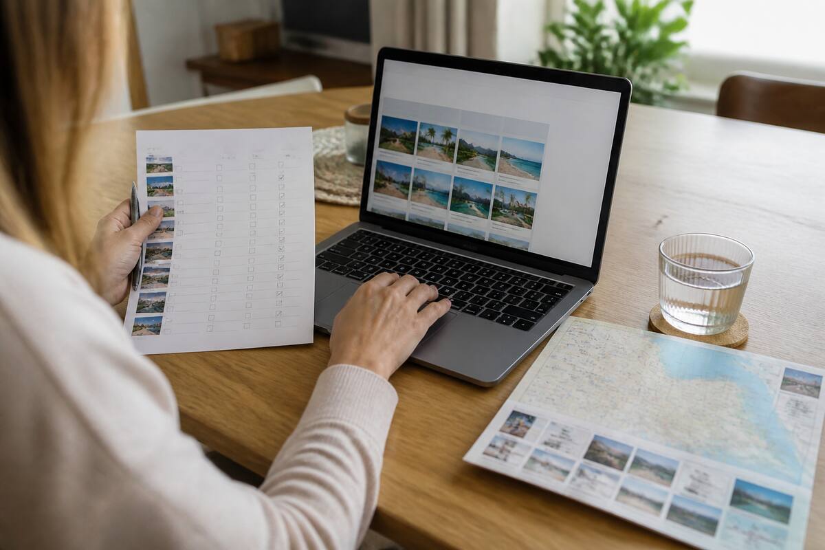 Een persoon vergelijkt vakanties met een checklist op laptop en papier