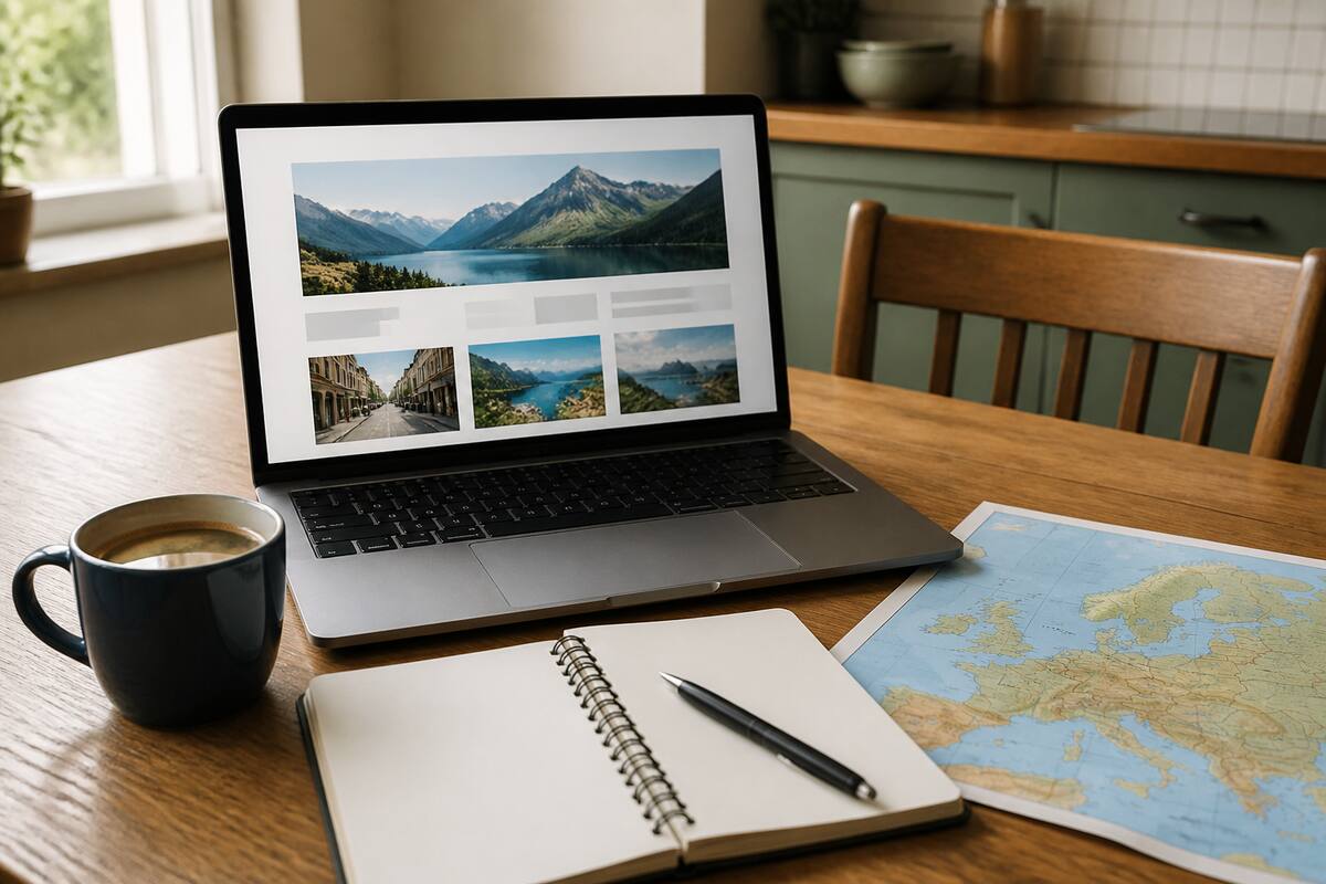 Rustige reisplanning met laptop en notitieboekje voor het vergelijken van vakanties.
