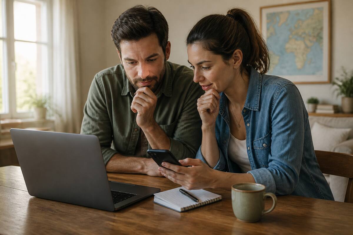 Twee personen die op een laptop reisaanbiedingen vergelijken tijdens vakantieplanning