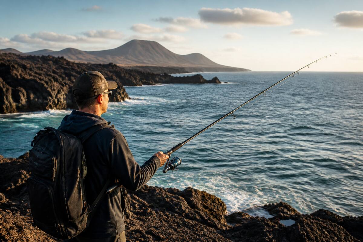 Angler met vishengel aan de vulkanische kust van Lanzarote met uitzicht op de Atlantische Oceaan